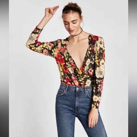Zara Tops - Designer Zara Multicolor Floral Wrap Low V-Neck Bodysuit‎ Women’s Size M
